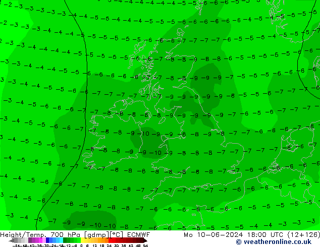 Geop./Temp. 700 hPa ECMWF lun 10.06.2024 18 UTC