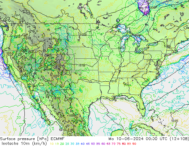 Eşrüzgar Hızları (km/sa) ECMWF Pzt 10.06.2024 00 UTC