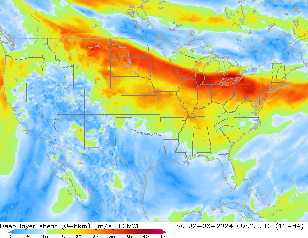 Deep layer shear (0-6km) ECMWF Su 09.06.2024 00 UTC