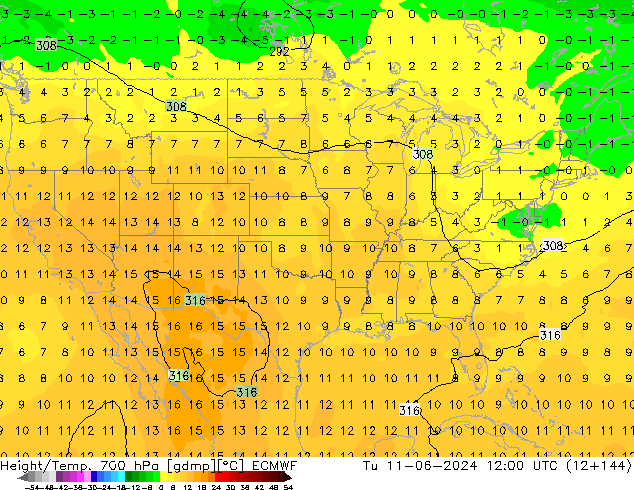 Geop./Temp. 700 hPa ECMWF mar 11.06.2024 12 UTC