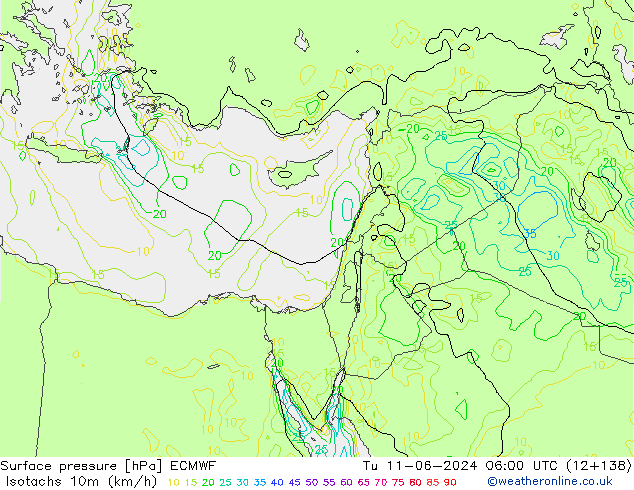 Isotachs (kph) ECMWF  11.06.2024 06 UTC