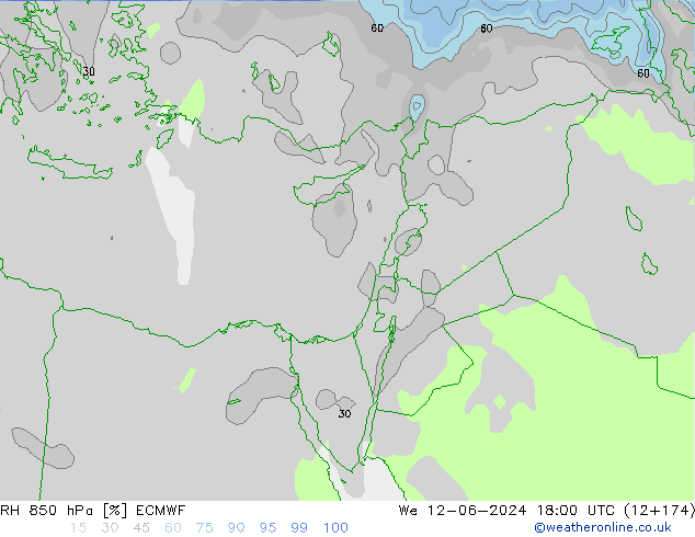 RH 850 hPa ECMWF Qua 12.06.2024 18 UTC