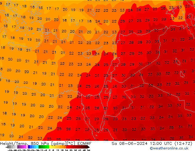 Height/Temp. 850 hPa ECMWF Sa 08.06.2024 12 UTC