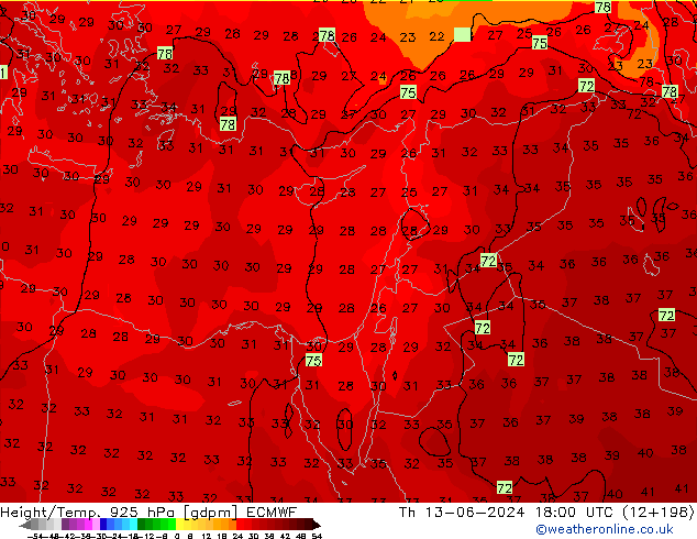 Height/Temp. 925 hPa ECMWF Čt 13.06.2024 18 UTC