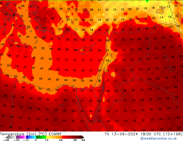 Temperature (2m) ECMWF Th 13.06.2024 18 UTC