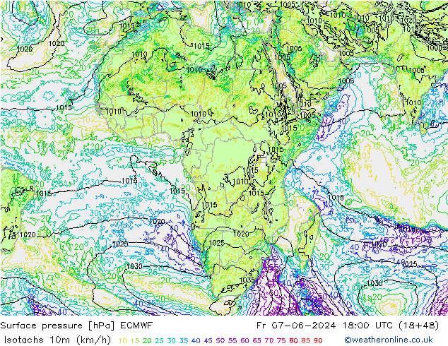 Isotachen (km/h) ECMWF vr 07.06.2024 18 UTC