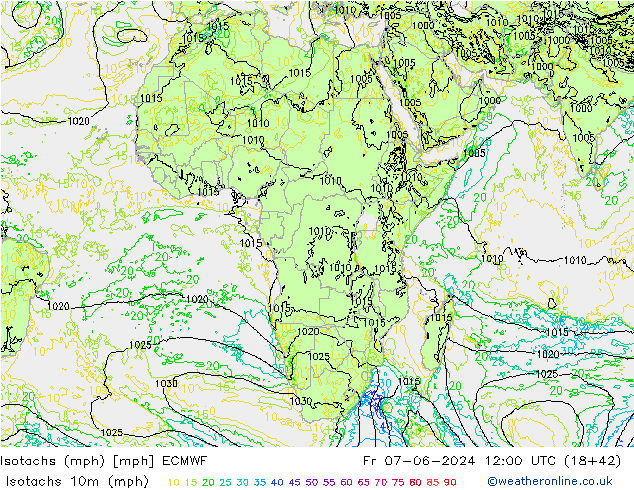 Isotachs (mph) ECMWF Pá 07.06.2024 12 UTC