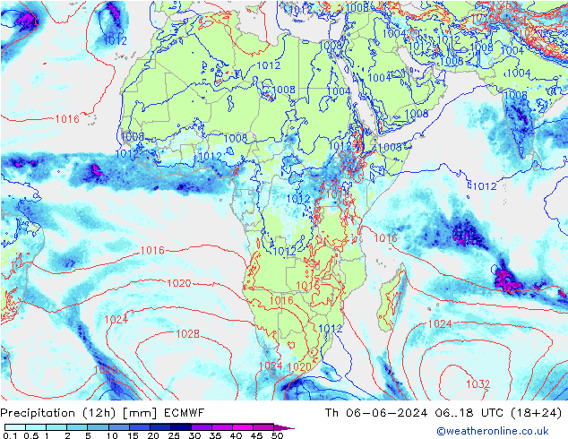 Precipitação (12h) ECMWF Qui 06.06.2024 18 UTC