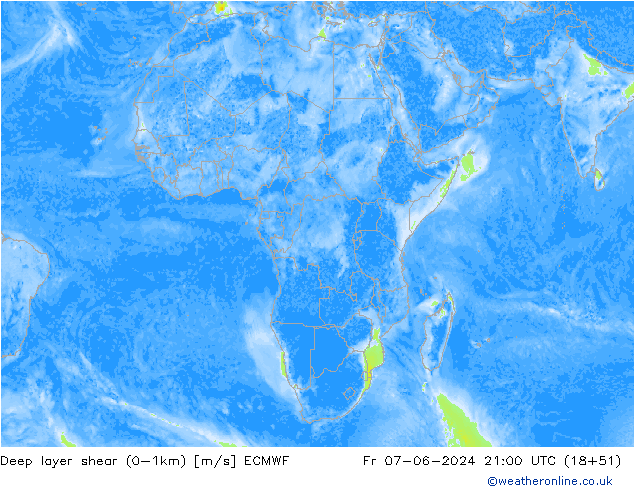 Deep layer shear (0-1km) ECMWF Fr 07.06.2024 21 UTC