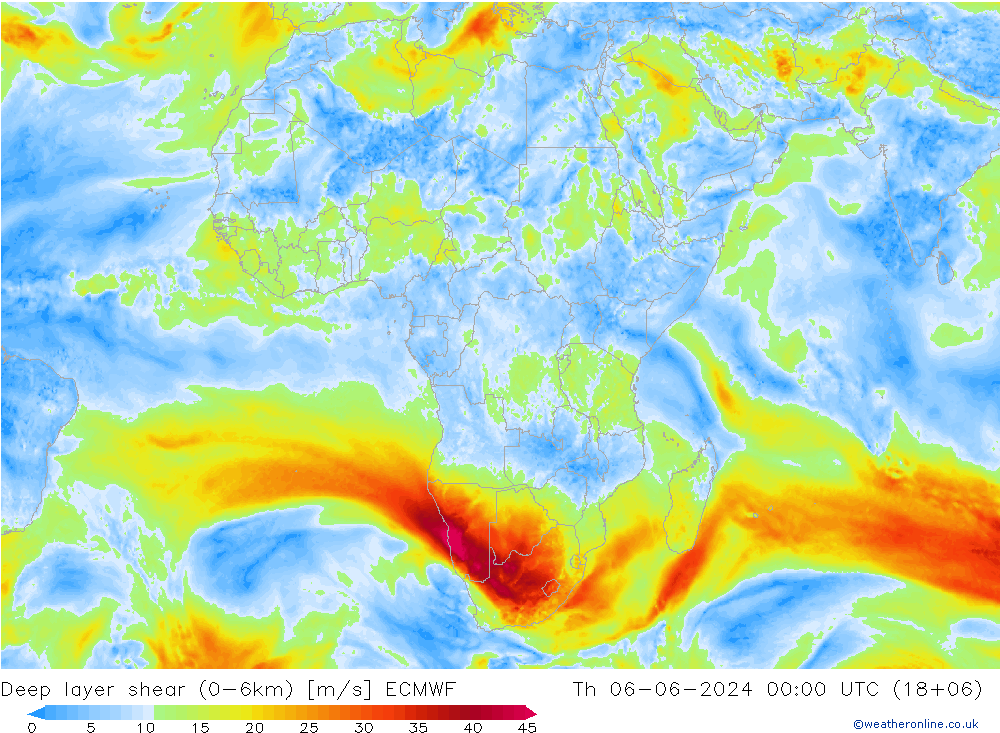 Deep layer shear (0-6km) ECMWF Th 06.06.2024 00 UTC