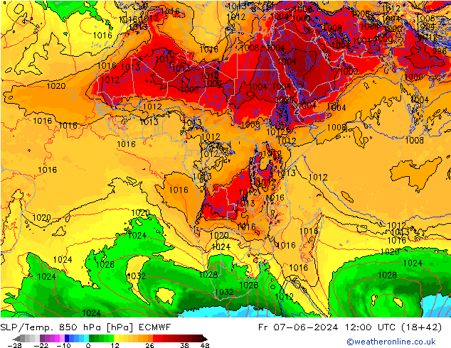 SLP/Temp. 850 hPa ECMWF Pá 07.06.2024 12 UTC