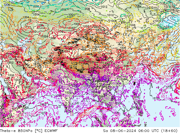 Theta-e 850hPa ECMWF sab 08.06.2024 06 UTC