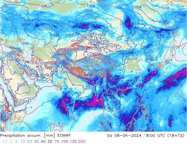 Precipitation accum. ECMWF сб 08.06.2024 18 UTC