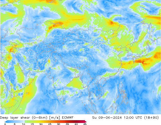 Deep layer shear (0-6km) ECMWF Paz 09.06.2024 12 UTC