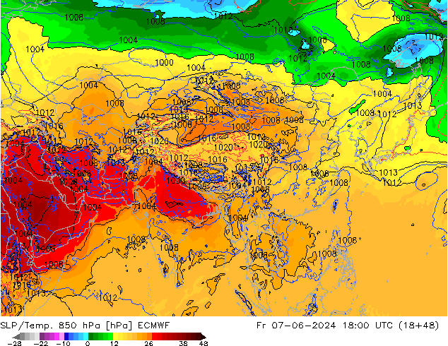 SLP/Temp. 850 гПа ECMWF пт 07.06.2024 18 UTC