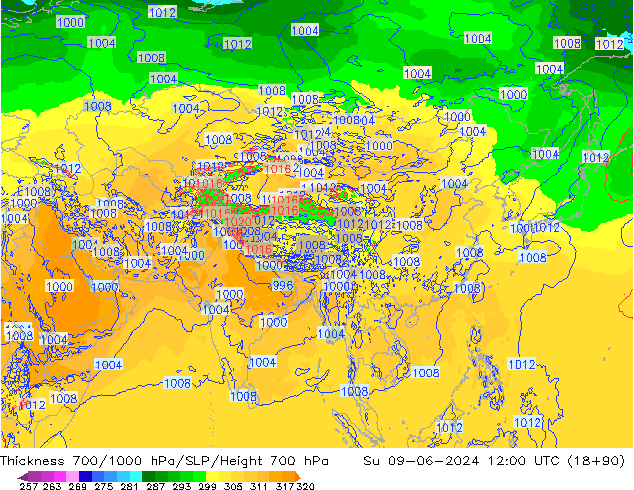 Thck 700-1000 hPa ECMWF nie. 09.06.2024 12 UTC