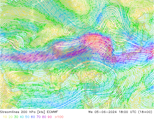 Linha de corrente 200 hPa ECMWF Qua 05.06.2024 18 UTC