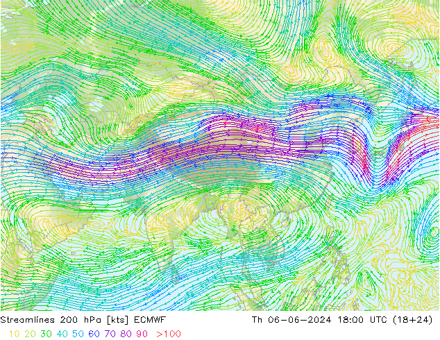 Linha de corrente 200 hPa ECMWF Qui 06.06.2024 18 UTC