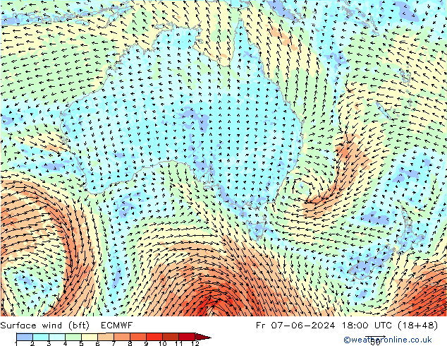 Bodenwind (bft) ECMWF Fr 07.06.2024 18 UTC