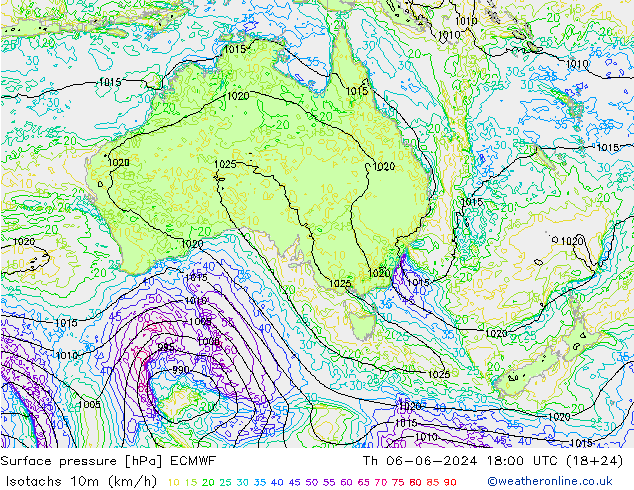 Isotachs (kph) ECMWF Th 06.06.2024 18 UTC