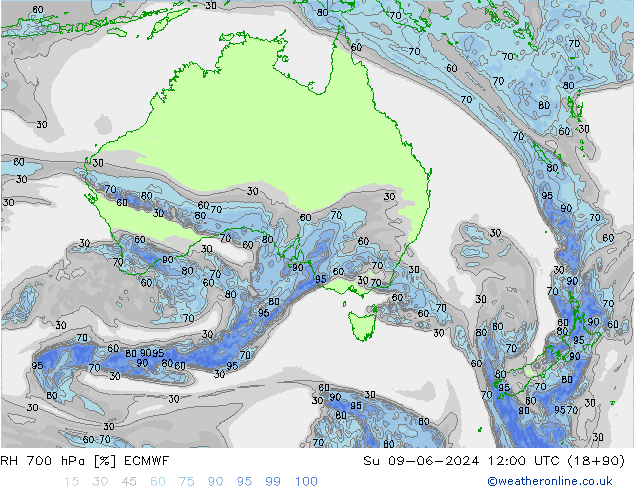 RH 700 hPa ECMWF nie. 09.06.2024 12 UTC