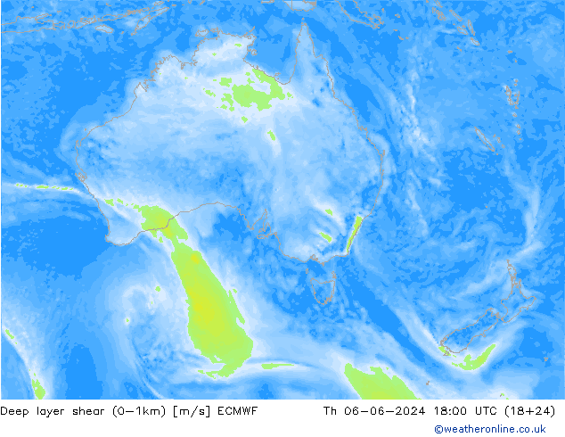 Deep layer shear (0-1km) ECMWF do 06.06.2024 18 UTC