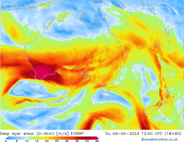 Deep layer shear (0-6km) ECMWF Ne 09.06.2024 12 UTC