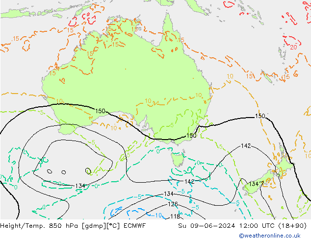 Geop./Temp. 850 hPa ECMWF dom 09.06.2024 12 UTC