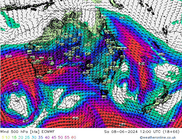 Wind 500 hPa ECMWF za 08.06.2024 12 UTC