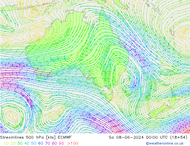 Stroomlijn 500 hPa ECMWF za 08.06.2024 00 UTC