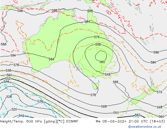 Height/Temp. 500 hPa ECMWF śro. 05.06.2024 21 UTC