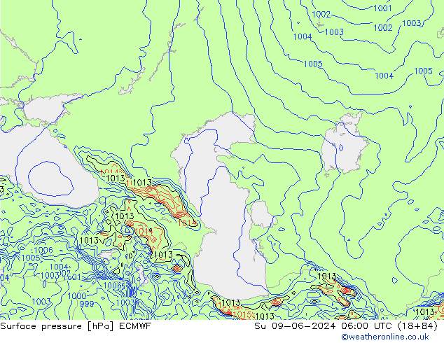 Presión superficial ECMWF dom 09.06.2024 06 UTC