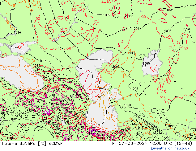 Theta-e 850hPa ECMWF Pá 07.06.2024 18 UTC