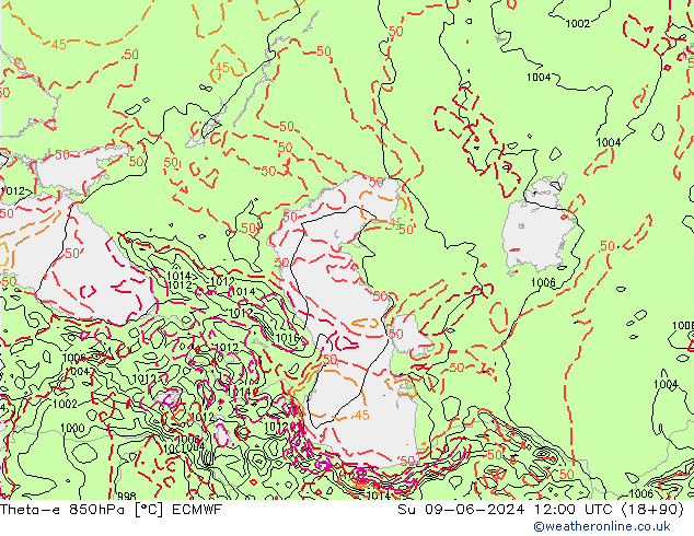 Theta-e 850hPa ECMWF Su 09.06.2024 12 UTC