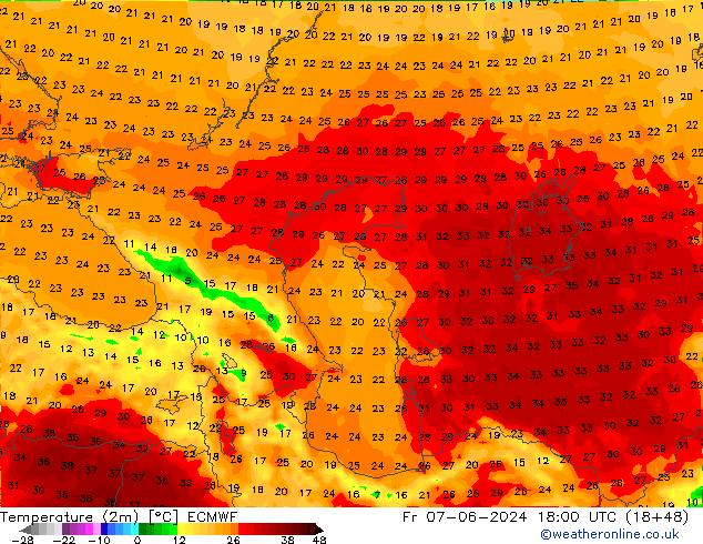 Temperature (2m) ECMWF Pá 07.06.2024 18 UTC