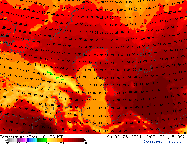 mapa temperatury (2m) ECMWF nie. 09.06.2024 12 UTC