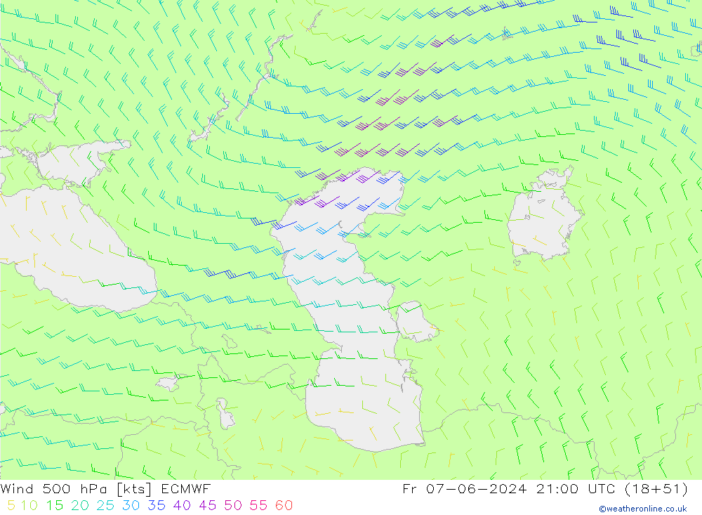 Wind 500 hPa ECMWF Pá 07.06.2024 21 UTC