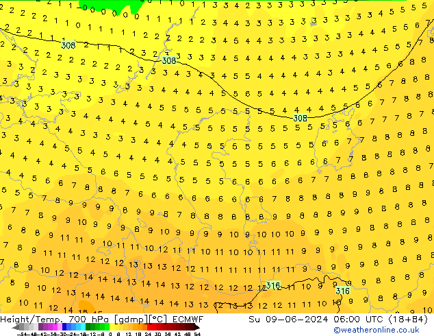 Height/Temp. 700 hPa ECMWF dom 09.06.2024 06 UTC