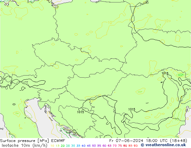 Isotachs (kph) ECMWF ven 07.06.2024 18 UTC