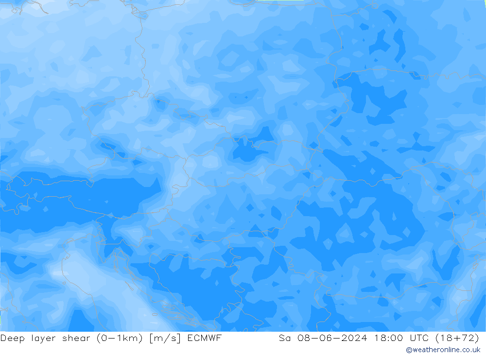 Deep layer shear (0-1km) ECMWF Sa 08.06.2024 18 UTC