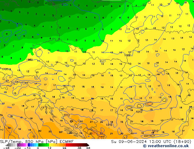 SLP/Temp. 850 hPa ECMWF Su 09.06.2024 12 UTC