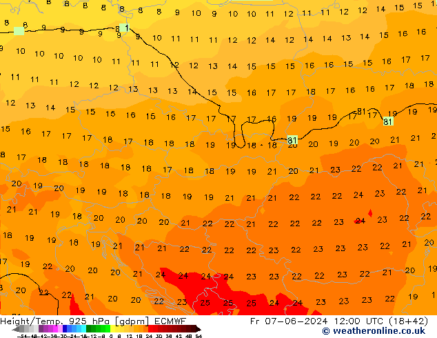 Height/Temp. 925 гПа ECMWF пт 07.06.2024 12 UTC