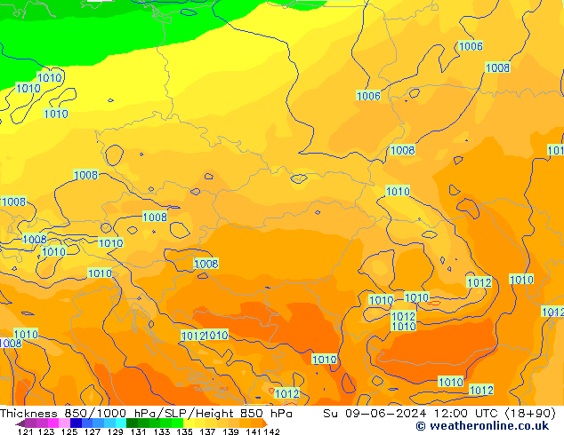 Dikte 850-1000 hPa ECMWF zo 09.06.2024 12 UTC