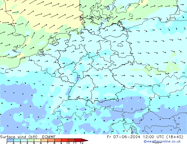 Bodenwind (bft) ECMWF Fr 07.06.2024 12 UTC