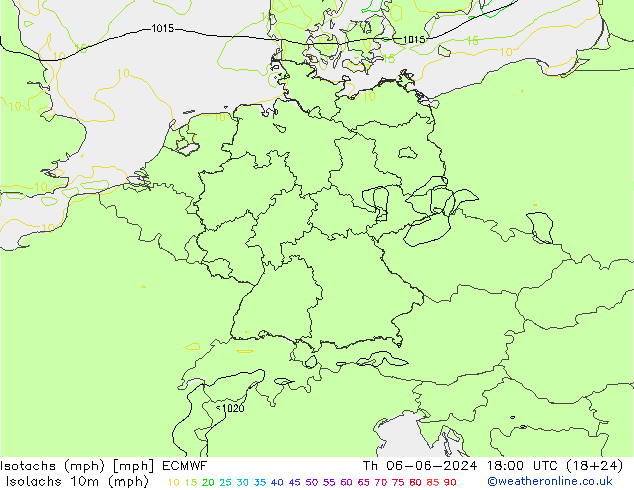 Isotachs (mph) ECMWF 星期四 06.06.2024 18 UTC