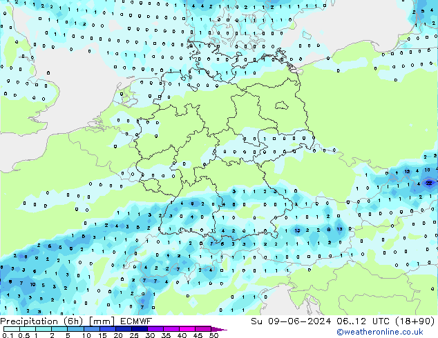 Precipitazione (6h) ECMWF dom 09.06.2024 12 UTC