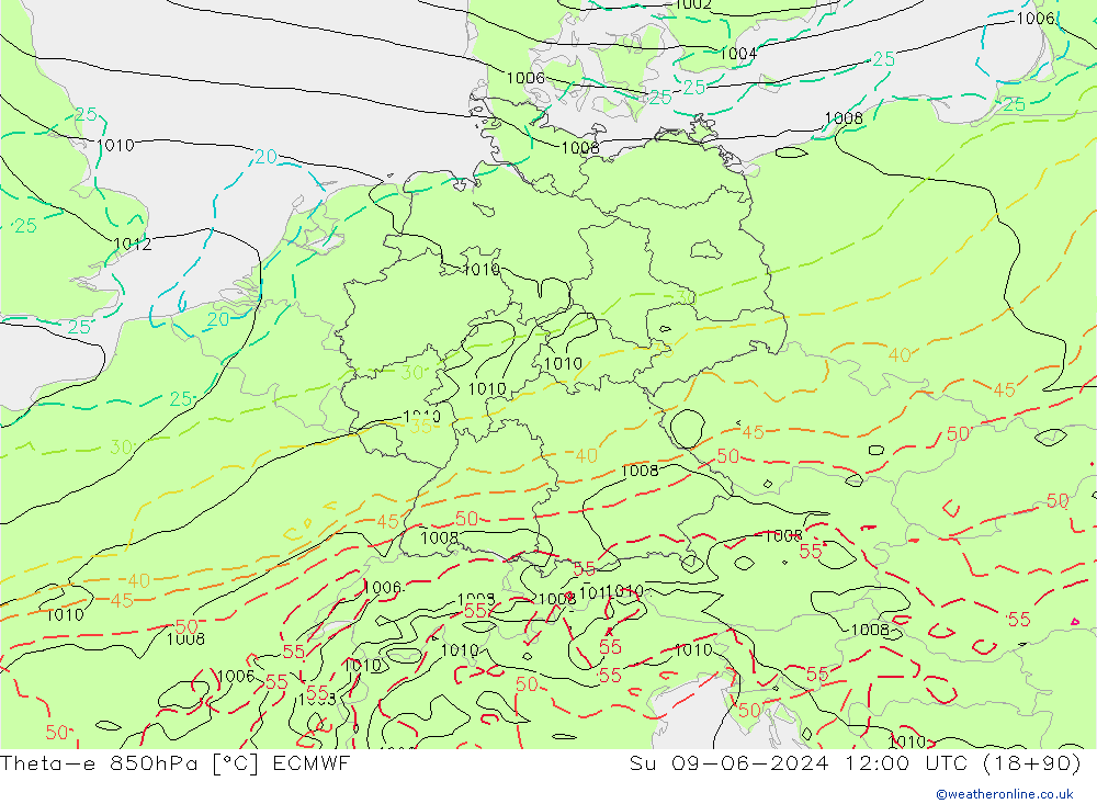 Theta-e 850hPa ECMWF Su 09.06.2024 12 UTC