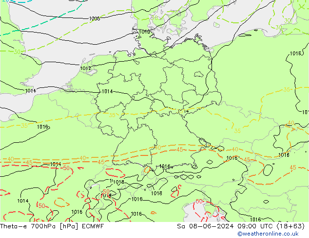 Theta-e 700hPa ECMWF so. 08.06.2024 09 UTC