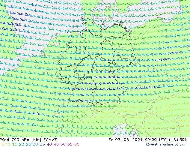 Wind 700 hPa ECMWF Fr 07.06.2024 09 UTC