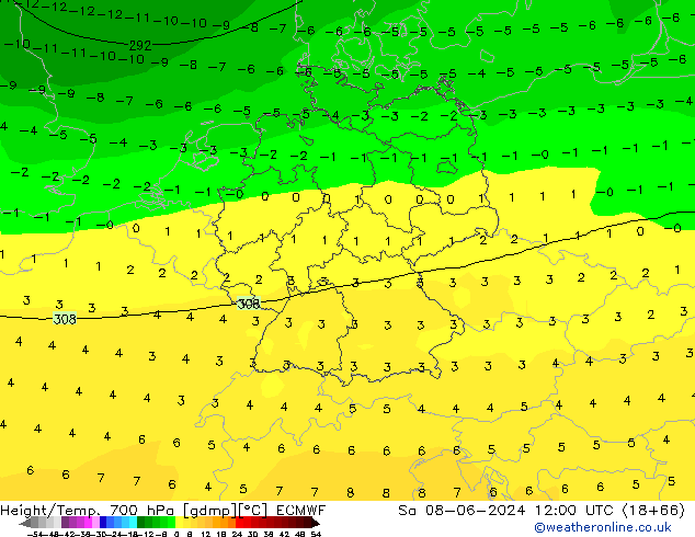 Height/Temp. 700 hPa ECMWF Sa 08.06.2024 12 UTC